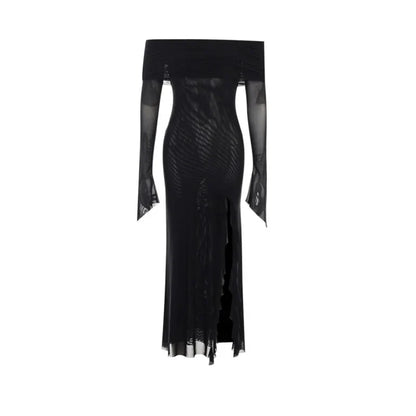 Women Black Sexy Long Dress Off Shoulder Elegant Irregular Ruffles Split Evening Party Dresses Bodycon Gothic Lace Dress