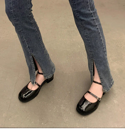 Futurecen New Mary Jane Shoes Buckle Pumps Women Thick Heels Elegant Shallow Square Toe Footwear Party Office Lady Leather Shoes