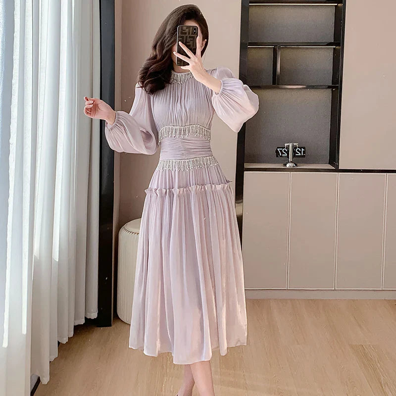 binfenxie French Designer Fashion Women Organza Stand Collar Party Dress Luxury Spring Diamonds Tassel Ruffles Puff Sleeve Slim Midi Dress