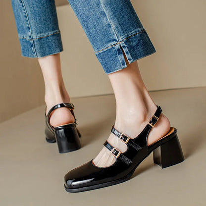 Plus Size 44 45 46 Black Silver Chunky High Heels Mary Jane Shoes Women Square Toe Double Buckle Pumps Slingback Ladies Sandals