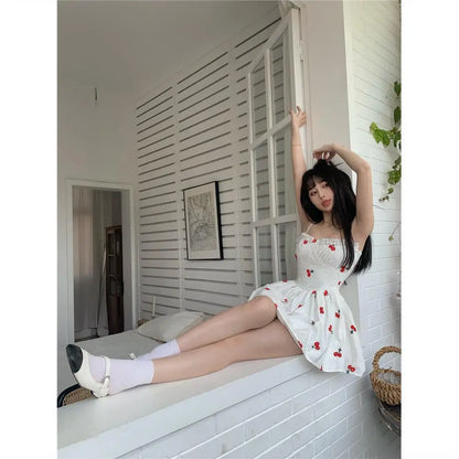 binfenxie White Suspender Dress Summer New Cherry Print Slim High Waist Short Skirt Sleeveless Sexy Female Sling Dress