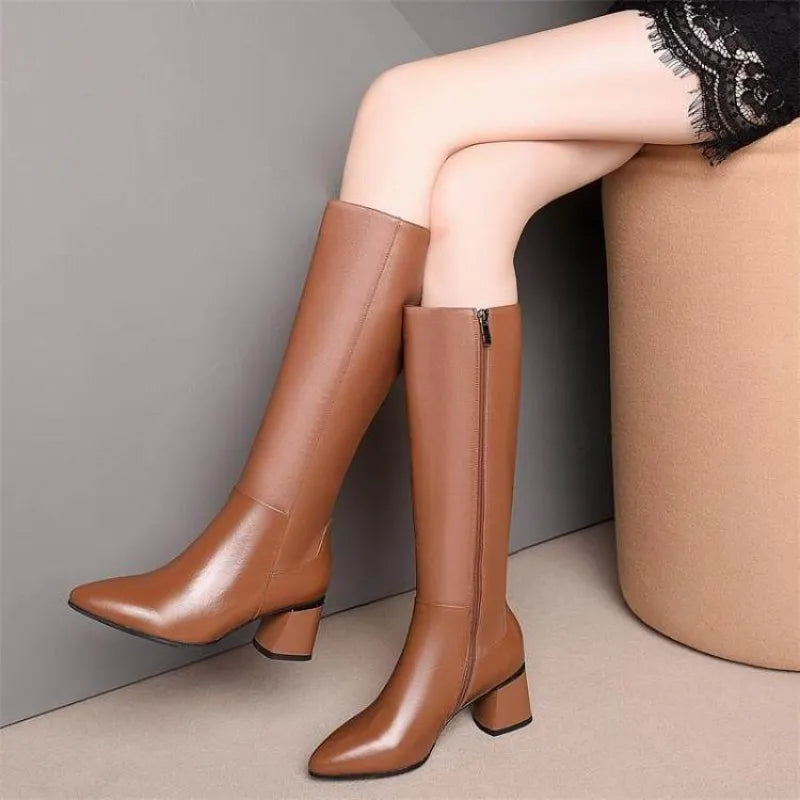 Shoes for Woman Long Winter Knee High Shaft Footwear Leather Women's Boots Fur Brown Pointed Toe Chic and Elegant Fashion