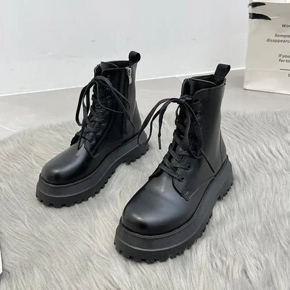 Footwear with Laces Women's Ankle Boots Combat Biker Short Shoes for Woman Lace-up Booties Platform Punk Style Chunky Boot Pu 39