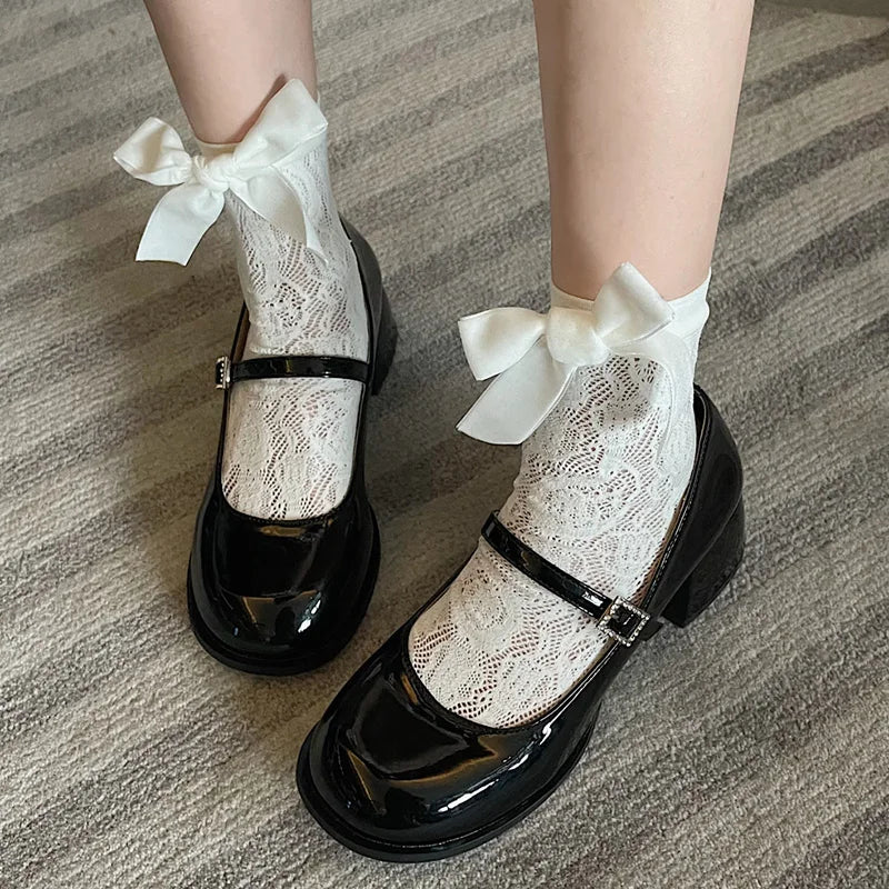 Cute Bowknot White Mary Jane Shoes Women New Thick Heels Nude Pumps Woman Japanese Ankle Buckle Lolita Shoes Mujer