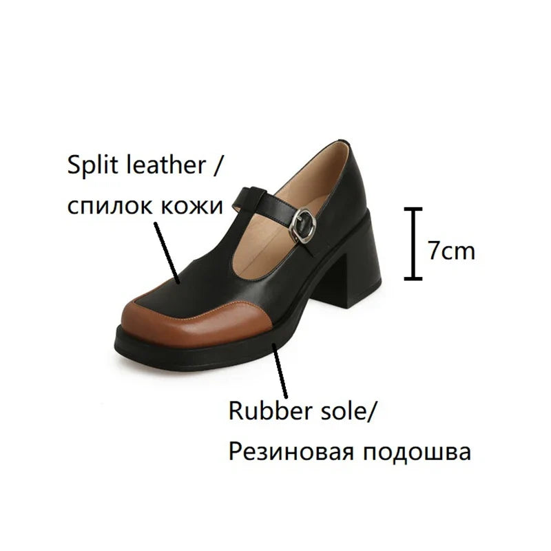 Futurecen  -  NEW Spring Women Pumps Split Leather Shoes for Women Square Toe Chunky Heel Shoes Mixed Colors Mary Janes Concise Handmade Shoes