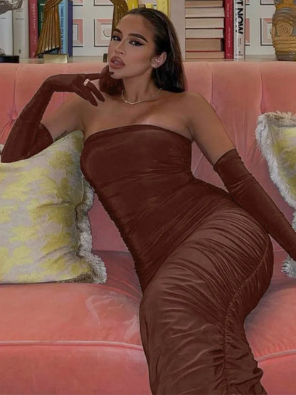 Brown Strapless With Cuff Sleeve Long Dress For Women Gown Summer Off-shoulder Backless Ruched Maxi Dress Vestido