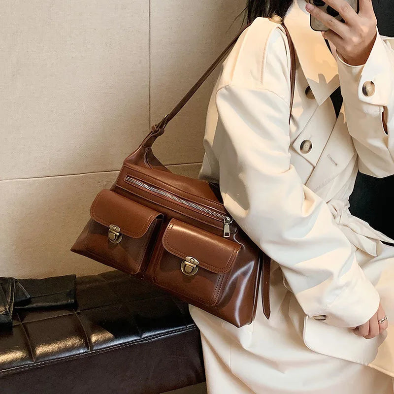 binfenxie Vintage Brown Shoulder Bag Women Retro Pu Leather Soft Pocket Casual Handbag Female Moto Biker Y2k Handbags Aesthetic