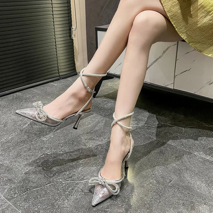 Futurecen Brand Bling Bling Rhinestones Double bowknot Women Pumps Sexy Ankle Strap Thin High heels Mules Summer Wedding Bridal Shoes