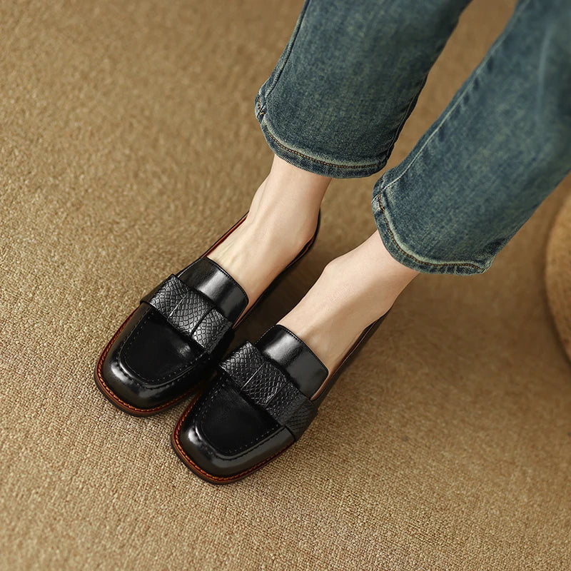 New Fashion Women Pumps Square Toe Thick Heels Genuine Leather Shoes Woman Spring Summer Office Ladies High Quality Shoes