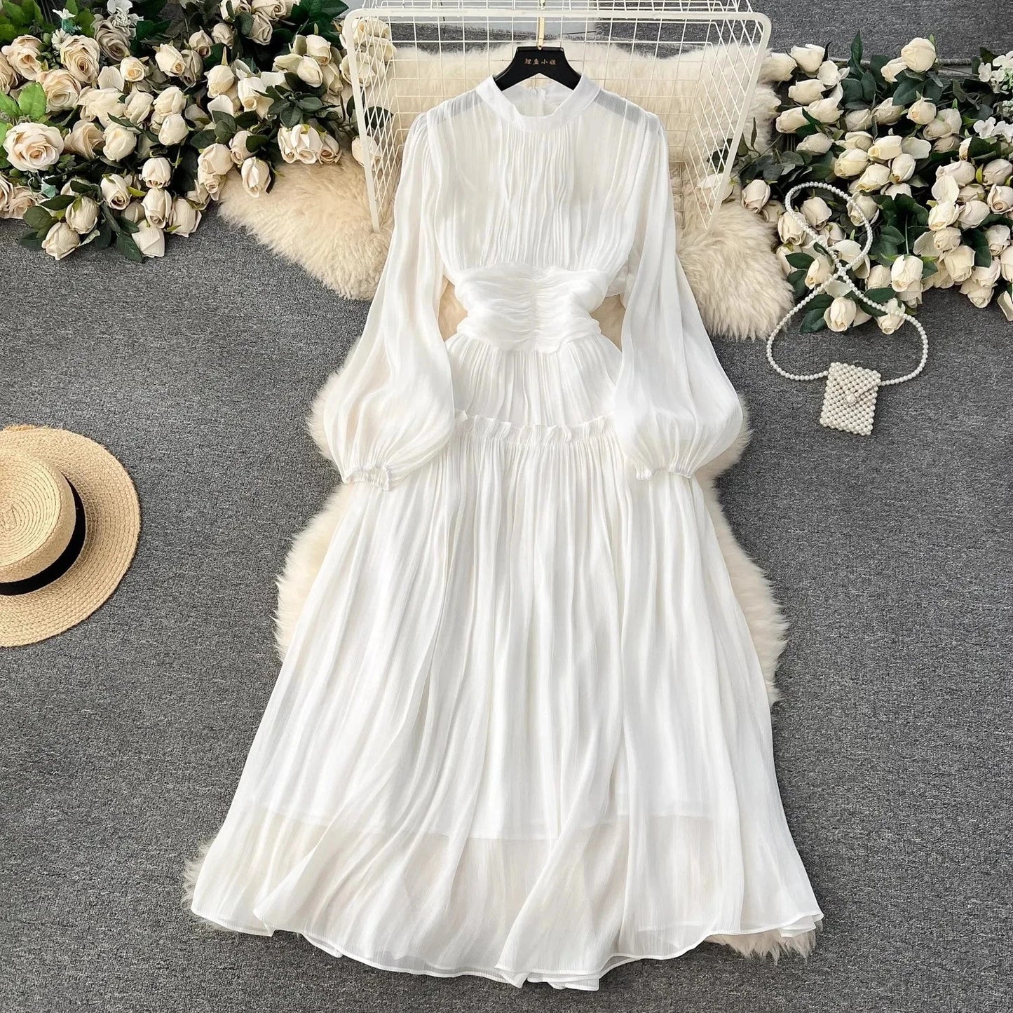 binfenxie French Designer Fashion Women Organza Stand Collar Party Dress Luxury Spring Diamonds Tassel Ruffles Puff Sleeve Slim Midi Dress