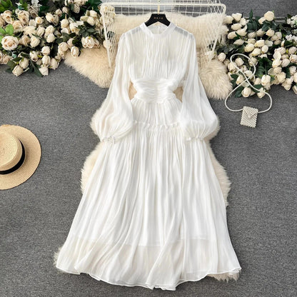 binfenxie French Designer Fashion Women Organza Stand Collar Party Dress Luxury Spring Diamonds Tassel Ruffles Puff Sleeve Slim Midi Dress