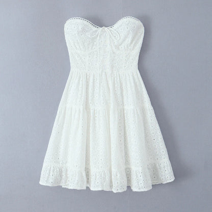 Evening Party Embroideryed Dress Elegant Summer Solid Color White Lace dress Off Shoulder Short Dress Front Tie Back Shirred