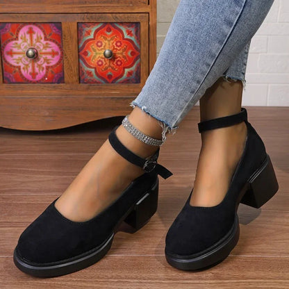 Futurecen  -  Women's Fashion Pumps Sweet Woman Thick High Heels Ankle Strap Flock Female Platform Mary Jane Women OL Shoes Ladies Footwear