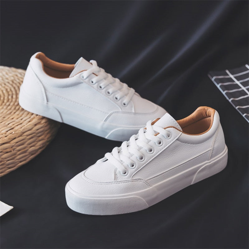 Women Sneakers Leather Shoes Spring Trend Casual Flats Sneakers Female New Fashion Comfort White  Vulcanized Platform Shoes