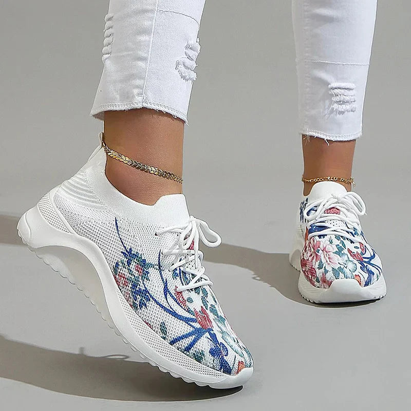 Fashion Printed Breathable Sneakers for Women New Lace Up Non Slip Tennis Shoes Woman Platform Sport Sneaker Plus Size 42