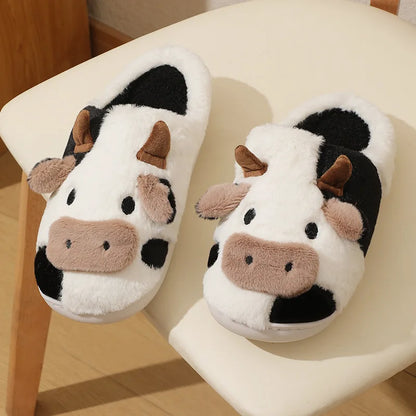 Winter Unisex Cute Cartoon Cow Warm Plush Slippers Couple's Indoor Non-slip House Slides Men Women Toe Wrap Home Cotton Shoes