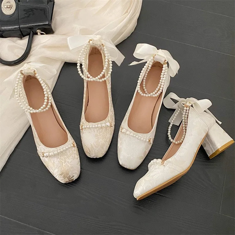 Floral Shoes Women Pumps Pearls Spring Autumn All-match Casual Chinese Style New One Word Buckle Chain String Bead Elegant