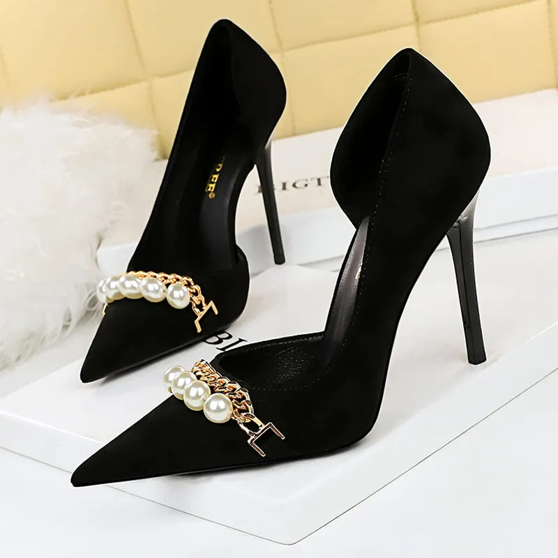 Shoes  Spring Women Pumps Pearl Metal Chain High-heels Checked Grain Stilettos Women Heels Luxury Banquet Shoes 43