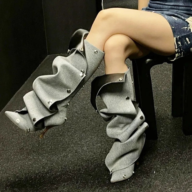 High Heel Long Boots for Women High Botte Winter Boots Shoes for Botas Mujer Thin Heeled Pointed Denim Boots Metal Button Shoes