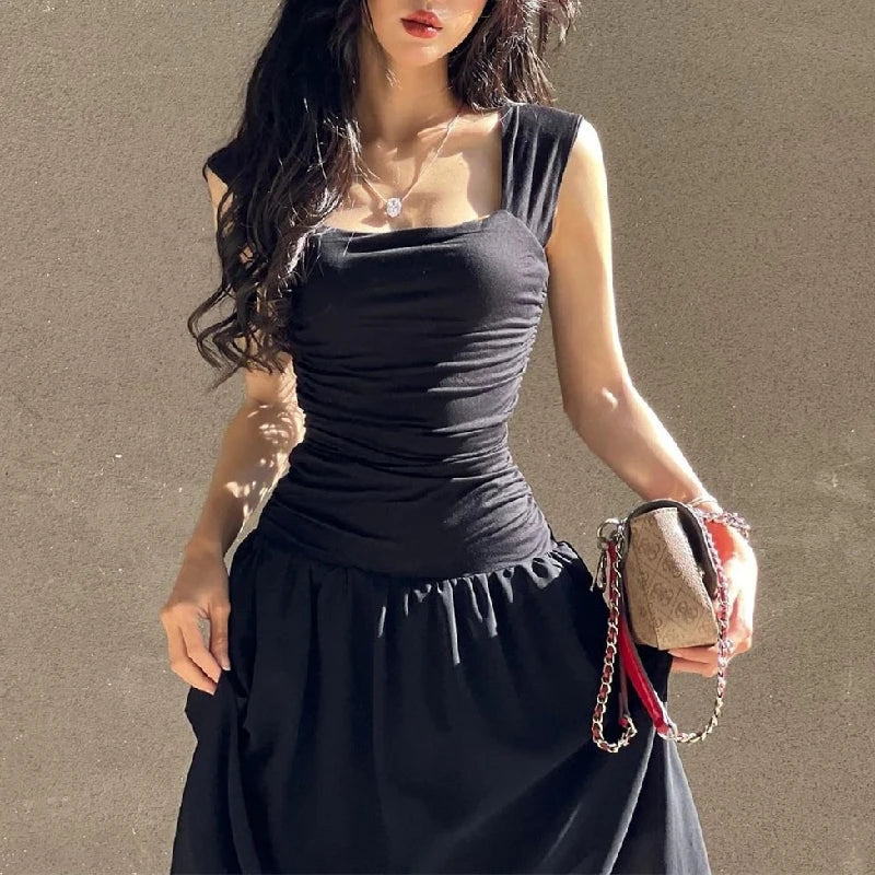 binfenxie Women Summer Party Long Dress Sexy Ruched Bodycon Black Maxi Dresses Elegant Temperament High-waist Vestidos New