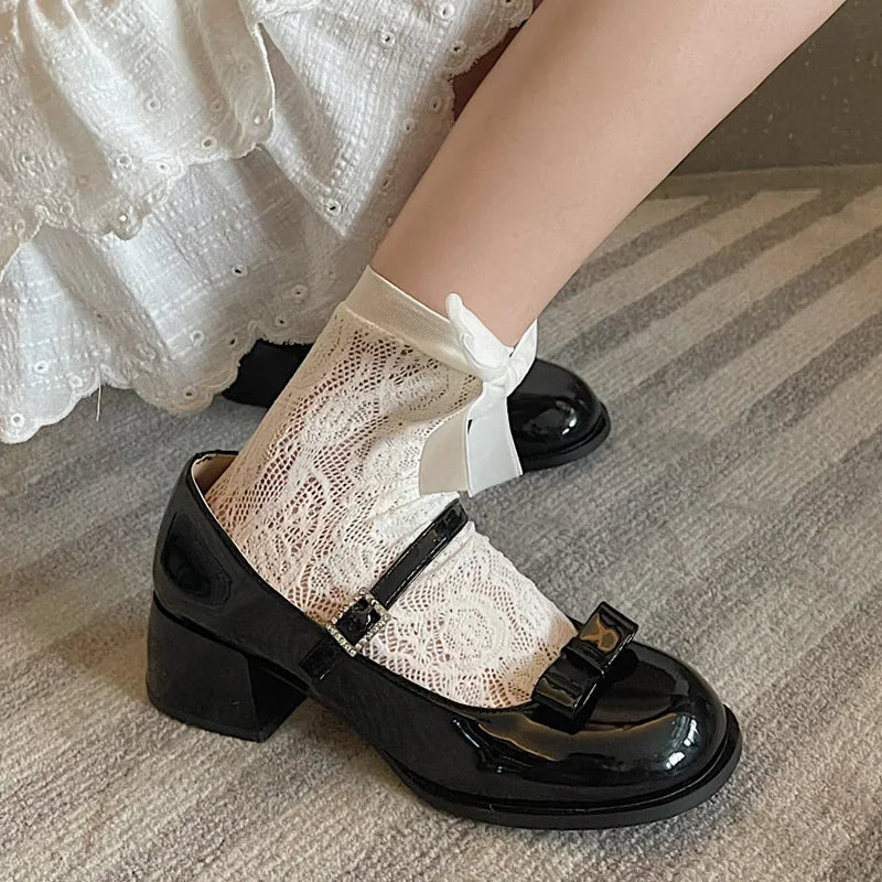 Cute Bowknot White Mary Jane Shoes Women New Thick Heels Nude Pumps Woman Japanese Ankle Buckle Lolita Shoes Mujer