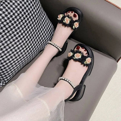 Summer One Word Sandals for Woman Diamond Women's Shoes Beach Footwear with Medium Heels Beige Platform Rhinestones F Korea