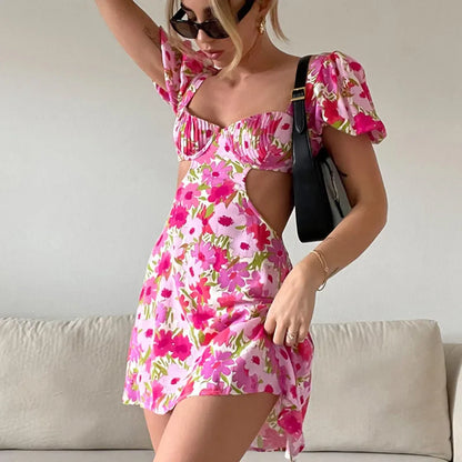 binfenxie Summer Beach Boho Floral Print Mini Dress Sexy Hollow Out Backless Bandage A-line Dresses Chic Women Puff Sleeve Party Bodycon