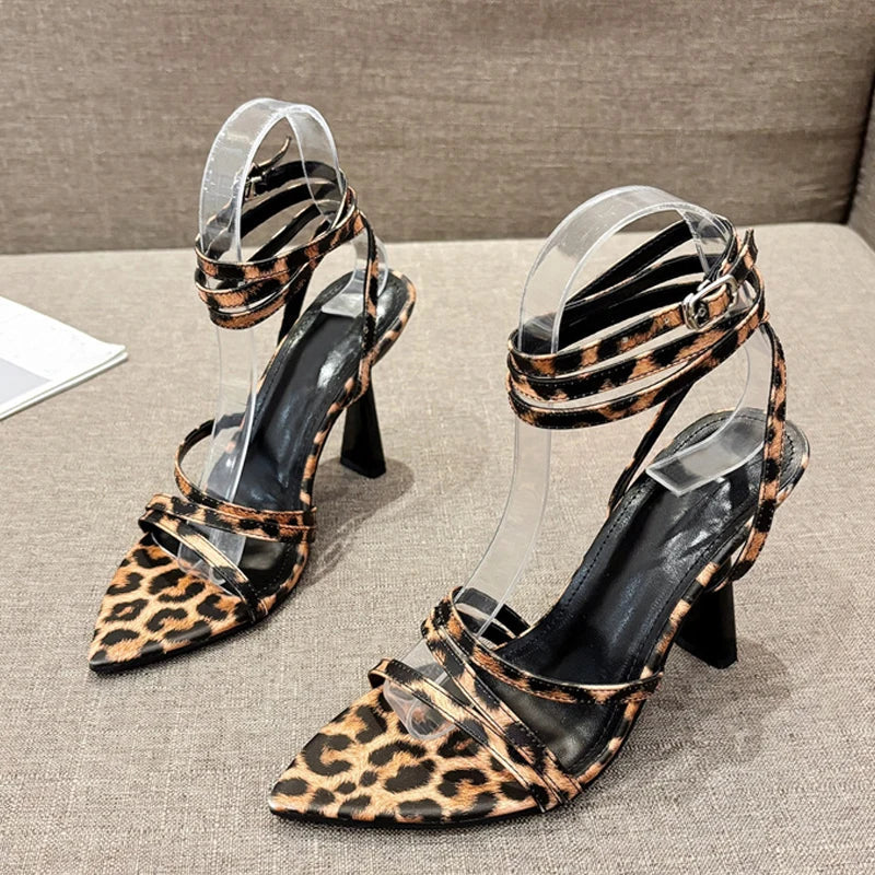 binfenxie  -   2024 New Sexy Leopard Print Sandals Women Summer Pointed Open Toe Buckle Strap Gladiator High Heels Party Dress Shoes