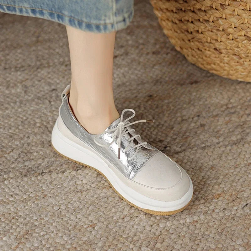 Futurecen NEW Autumn Women Pumps Genuine Leather Shoes for Women Round Toe Thick Heel Shoes Casual Platform Lace-up Handmade Shoes Women