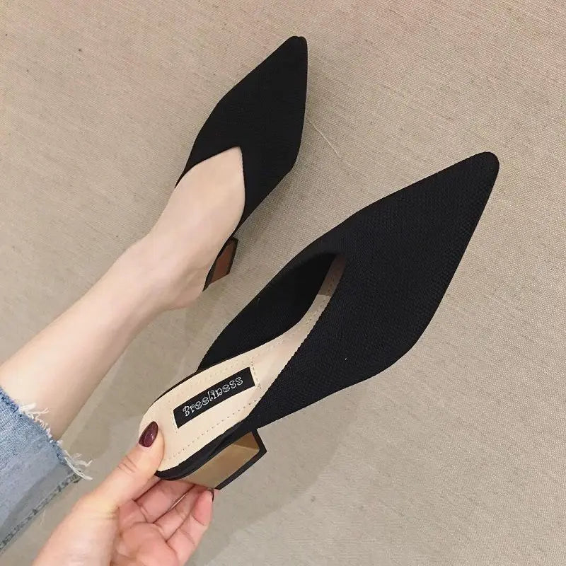 Summer with Heel Slides Pointed Toe Shoes Mules Women's Slippers and Ladies Sandals Black Outside Non Slip Korea Style 39 F