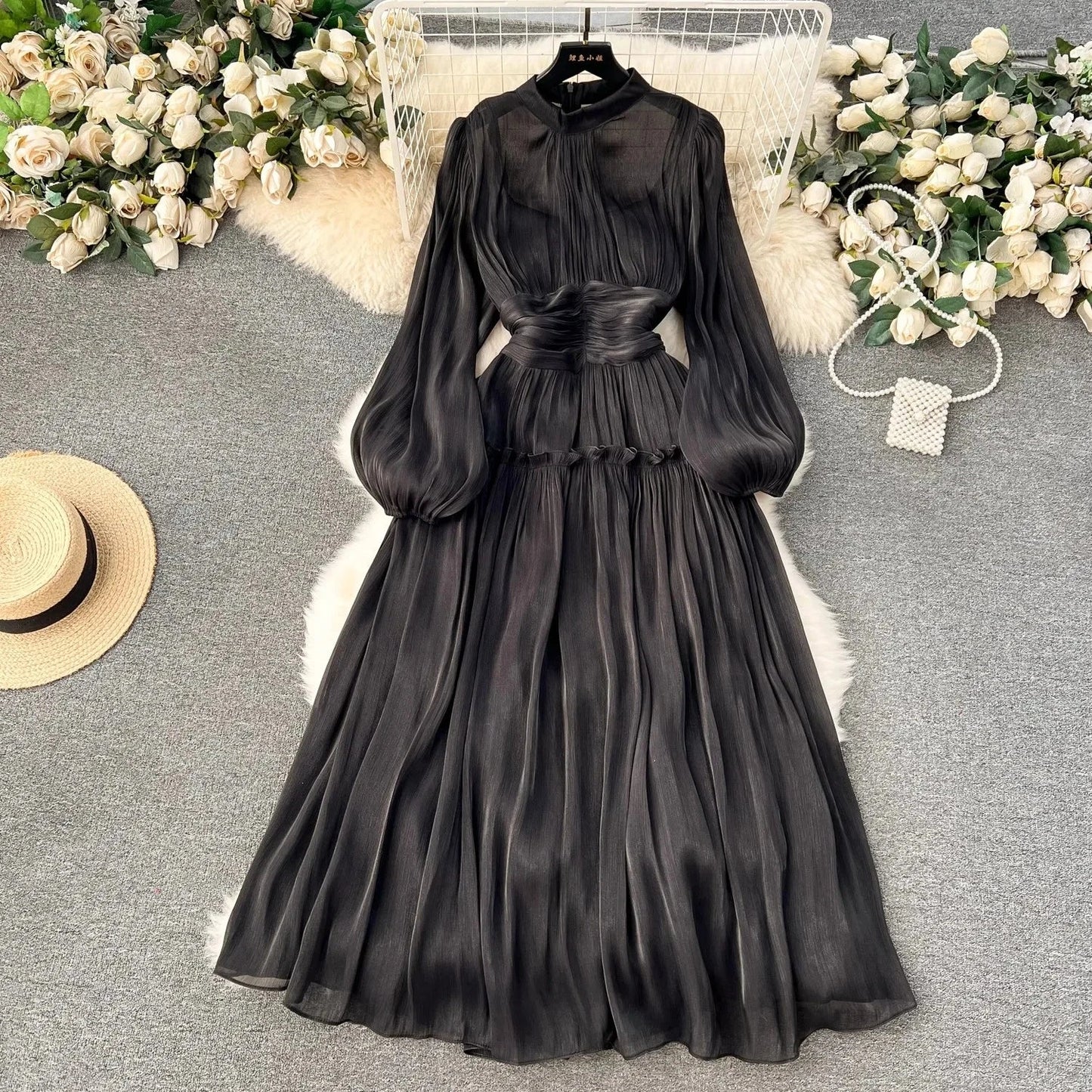 binfenxie French Designer Fashion Women Organza Stand Collar Party Dress Luxury Spring Diamonds Tassel Ruffles Puff Sleeve Slim Midi Dress