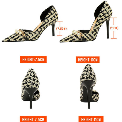 Shoes  Spring Women Pumps Pearl Metal Chain High-heels Checked Grain Stilettos Women Heels Luxury Banquet Shoes 43