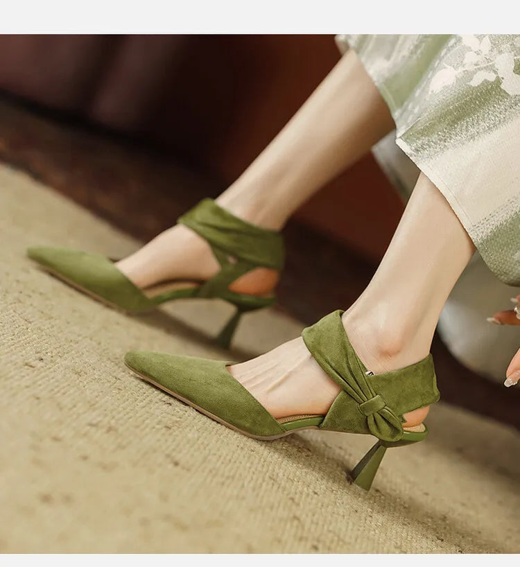 binfenxie Summer Women Sandals Pointed Toe Thin Heel Women Shoes Sheep Suede Leather Shoes for Women Cover Toe High Heels Party Shoes