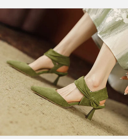 binfenxie Summer Women Sandals Pointed Toe Thin Heel Women Shoes Sheep Suede Leather Shoes for Women Cover Toe High Heels Party Shoes