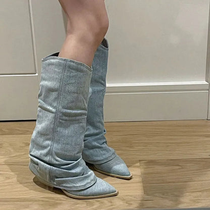 Pleats Blue Denim Thigh High Boots for Women Spring Thick Heeled Pointed Toe Cowboy Boots Woman Slip On Western Long Boots