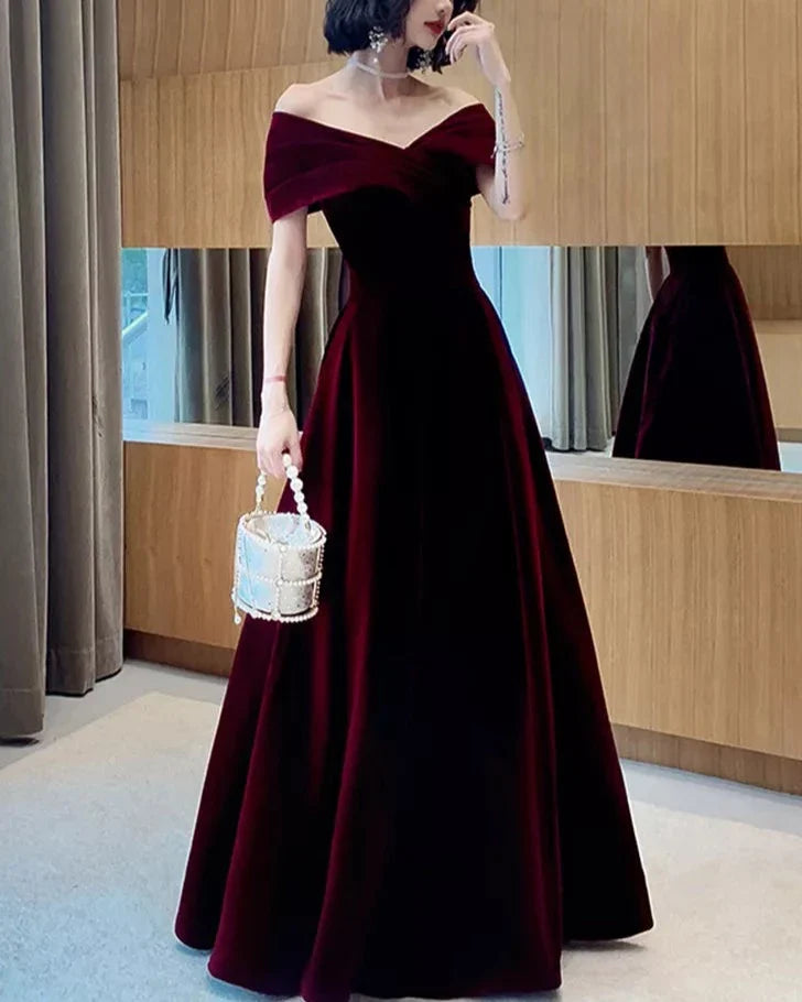 Lautaro Spring Long Luxury Elegant Wine Red Soft Velvet Evening Party Wedding Dresses for Women  Off Shoulder Maxi Dress