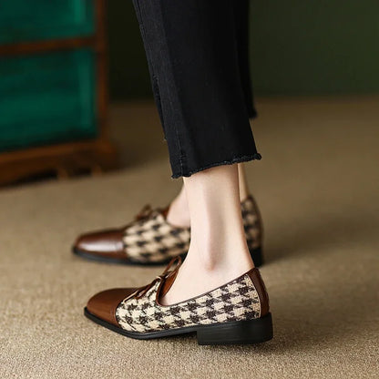 Futurecen  -  Spring/Autumn Women Shoes Square Toe Chunky Heel Shoes Women Cow Leather Women Pumps Cotton Fabric Lattice Low Heel Shoes