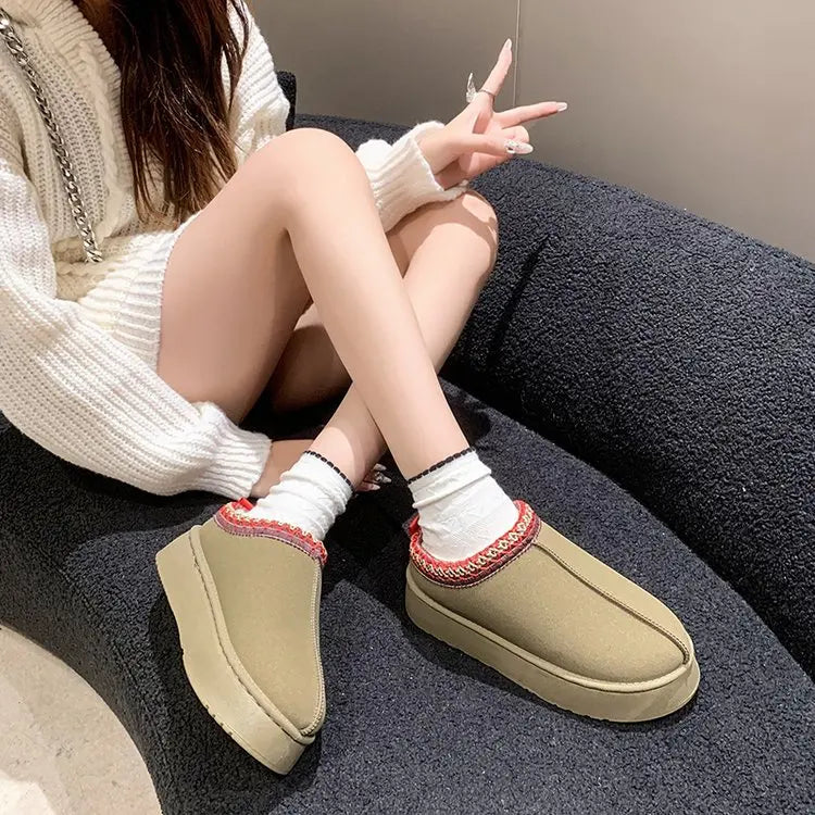 New Winter Retro Women Snow Warm Suede Leather Lazy Loafers Boots Shoes Woman Lady Female Flat Bottine Botas Boots Shoes