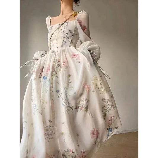 binfenxie French Style Floral Maxi Dress Women Elegant Chiffon Long Sleeve Beach Dress Woman Fairy Dress Korean Evening Party Summer