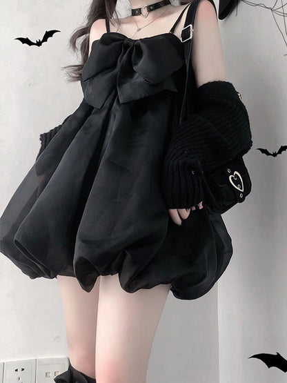 Lolita Style Black Gothic Girl Dark Lolita Suspender Jsk Dress Bow Casual Female Kawaii Sexy Loli Dresses