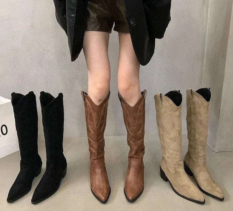 Woman Cowgirl Boots Fashion Slip On Ladies Elegant Square Low Heel Knee High Boots Shoes Women's Winter Footwear