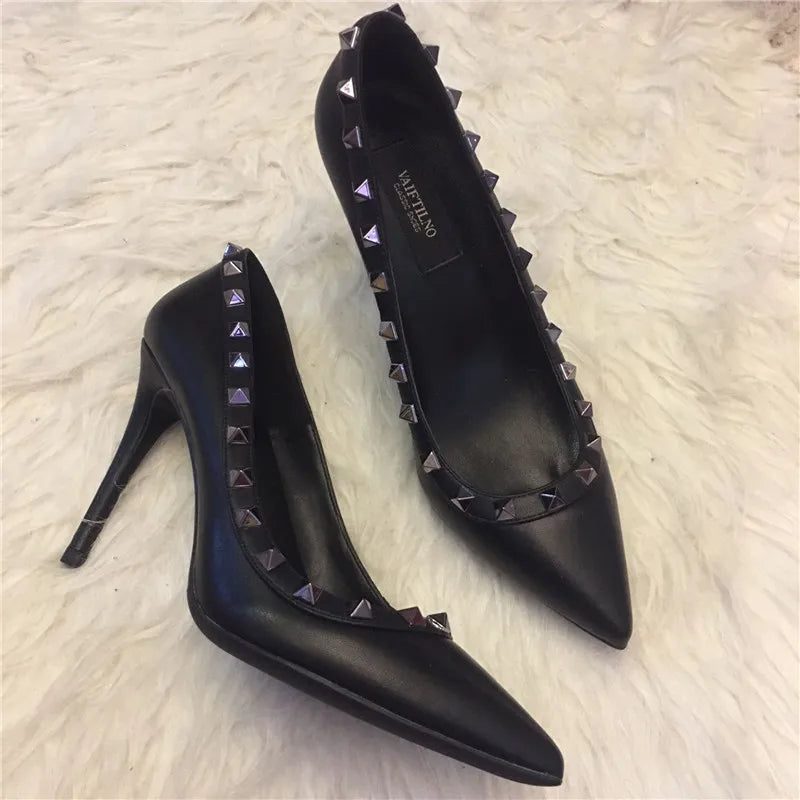 Futurecen  New Luxury Brand High Heels Women's Shoes Metal Rivet Pointed Black Pumps Fashion Sexy Genuine Leather Women's Single Shoes