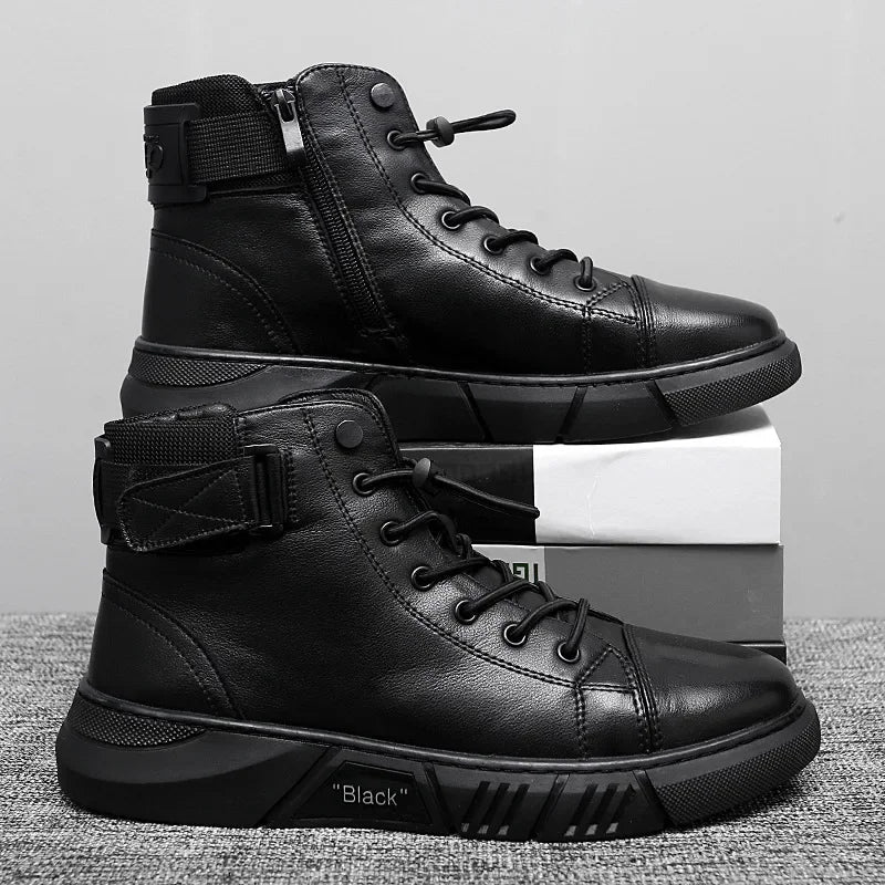 Autumn Winter Fashion Men's Ankle Boots PU Leather High Quality Comfortable Black Leather Platform Casual Shoes