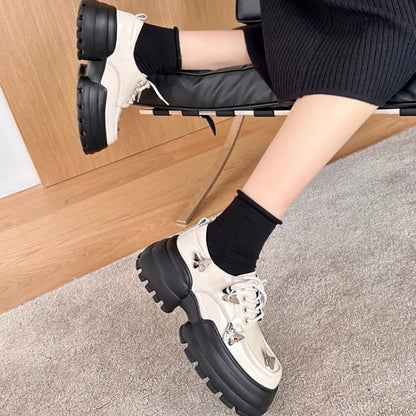 binfenxie  -   Sweet and Cool Style Small Leather Shoes Spring New Item Metal Bow Thick Sole Versatile Lace Up Casual British Single Shoe