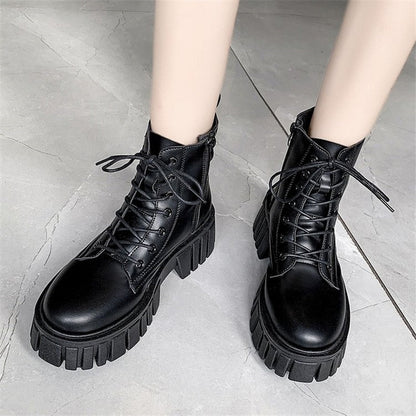 Women White Ankle Boots PU Leather Thick Sole Lace Up Combat Booties Female Autumn Winter Platform Shoes Woman