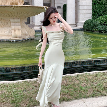 Elegant Fashion Sleeveless Satin Long Dresses for Women Summer New Beach Strap Ruffle Mermaid Evening Party Female Clothing