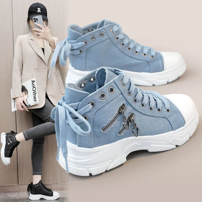 New Canvas High-top Women Shoes Spring Breathable Denim Sneakers Women Summer Thick Bottom Heightening Sports Casual Shoes