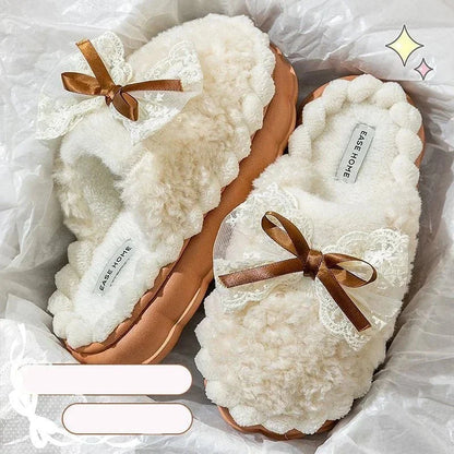 Women's Designer cute Home Platform Shoes  Winter Elegant Warm Furry Bow Slippers Causal Comfort House Bedroom Shoes Slides