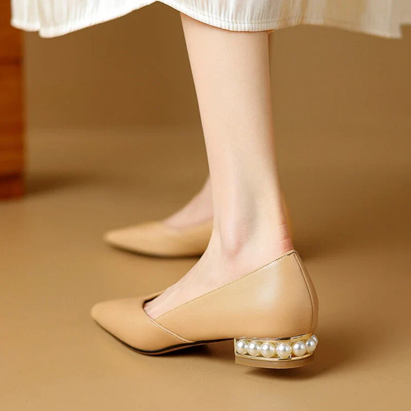 Futurecen  -  NEW Spring Women Pumps Split Leather Shoes for Women Pointed Toe Low Heel Women Pumps Pearl Handmade Shoes Concise Ladies Shoes