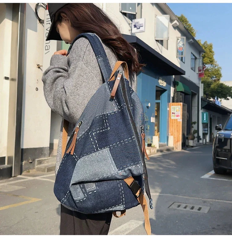 binfenxie New Women Denim Vintage College Backpack Lady Leisure Retro Trendy Female Patchwork Book Bag Fashion Girl Cute Travel School Bag